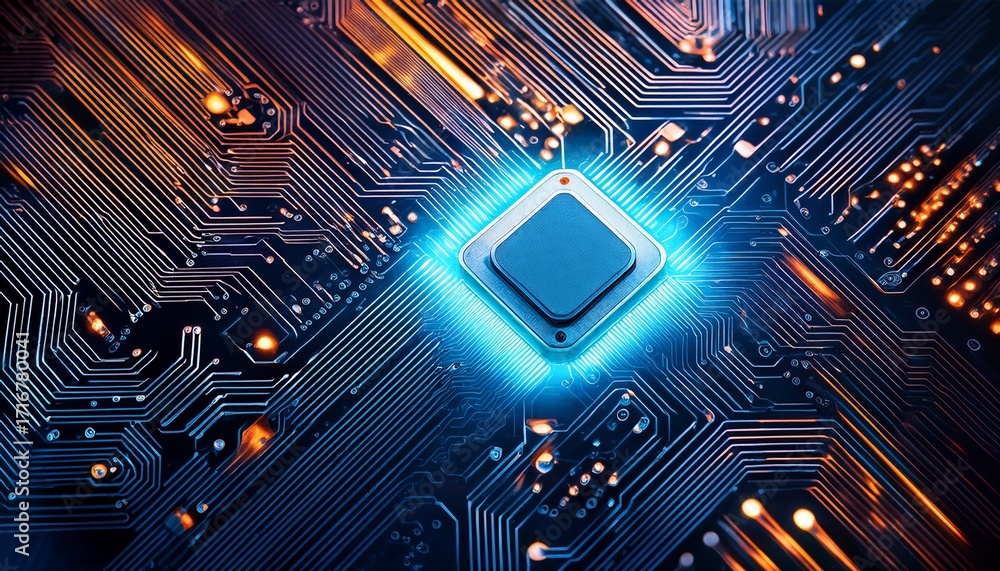 Fototapeta premium close up of glowing circuit board intricate design metallic texture innovation pattern