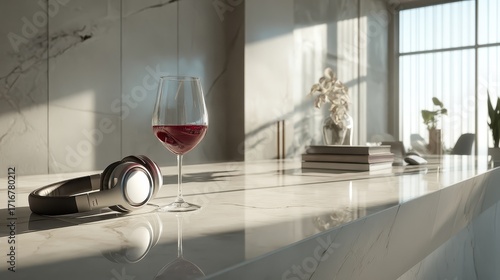 Headphones beside glass of red wine on sleek marble counter in bright interior