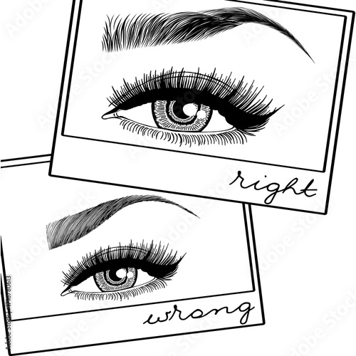 Illustration with woman's eyes, eyelashes and eyebrows. Makeup Look. Tattoo design. Logo for brow bar or lash salon. Wrong and right coloring care. Set of well-groomed and shaggy eyebrows.