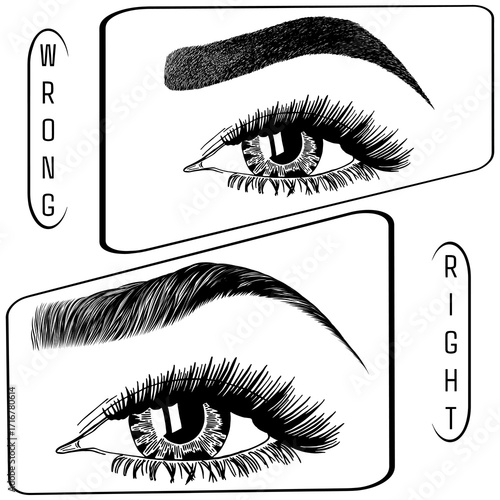 Illustration with woman's eyes, eyelashes and eyebrows. Makeup Look. Tattoo design. Logo for brow bar or lash salon. Wrong and right coloring care. Set of well-groomed and shaggy eyebrows.