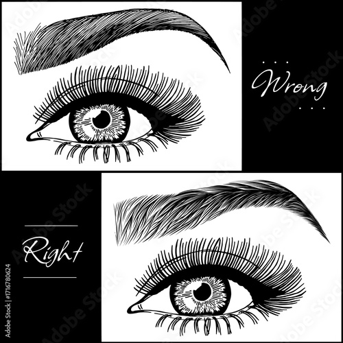 Illustration with woman's eyes, eyelashes and eyebrows. Makeup Look. Tattoo design. Logo for brow bar or lash salon. Wrong and right coloring care. Set of well-groomed and shaggy eyebrows.