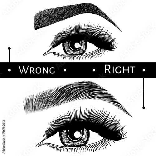 Illustration with woman's eyes, eyelashes and eyebrows. Makeup Look. Tattoo design. Logo for brow bar or lash salon. Wrong and right coloring care. Set of well-groomed and shaggy eyebrows.