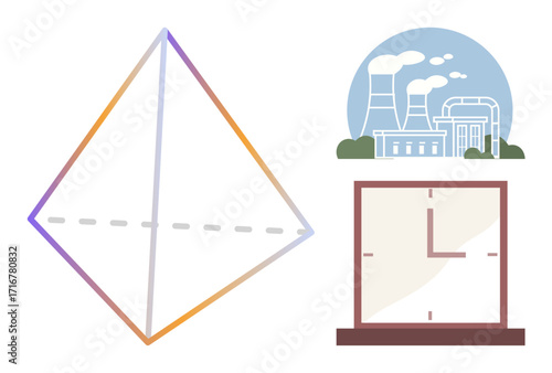 Geometric diamond symbol, industrial plant with smokestacks, and analog clock emphasizing time, industry, and structure. Ideal for productivity, time management, technology, industry innovation