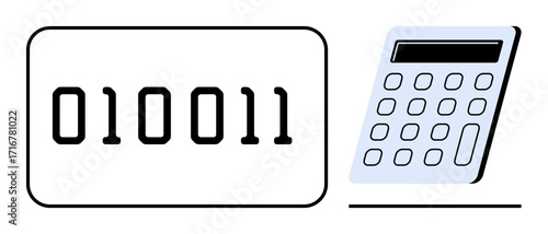 Binary code displayed next to a digital calculator emphasizing computation, coding, and technology. Ideal for computing, data, mathematics, programming, education, finance simple flat metaphor