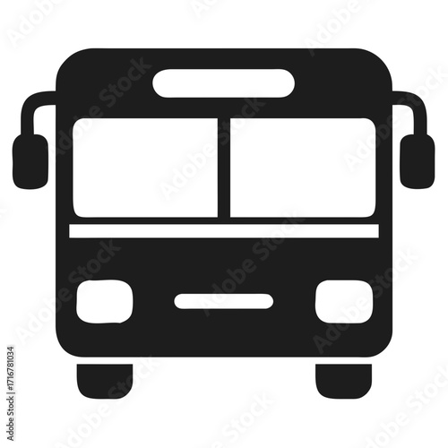 Front view icon of a dark gray bus on a black background transportation vehicle