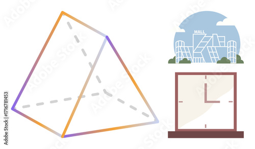 Outlined pyramid with dashed lines, mall facade with geometric windows, and minimalist wall clock design. Ideal for architecture, geometry, retail, modernity, minimalism, mathematics precision