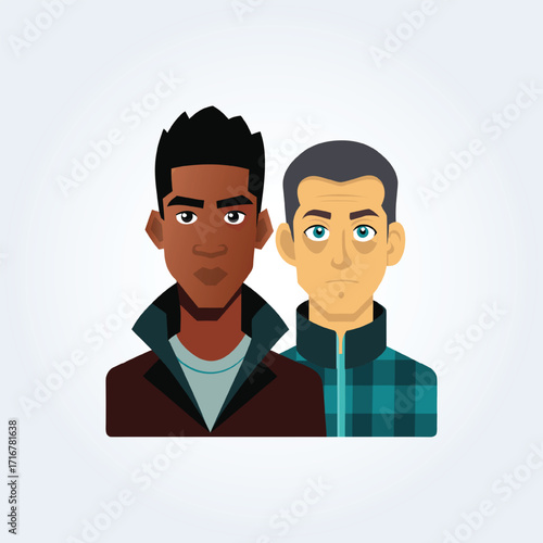 A cartoon character illustration of a black man and a white man, a young man and an old man