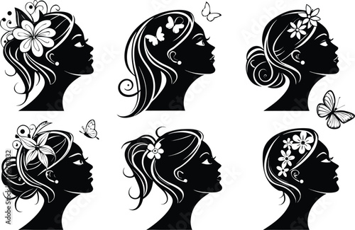 Elegant Silhouette Portraits of Women Adorned with Floral and Butterfly Embellishments