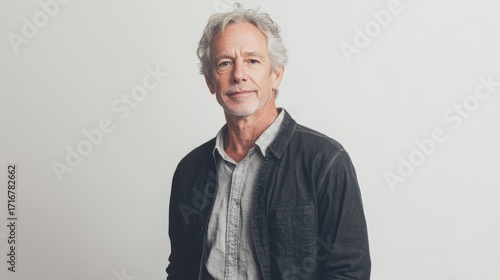 Confident Middle-Aged Man with Gray Hair in Casual Attire Against a Light Background