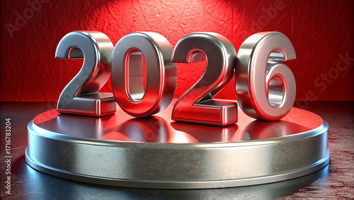 2026 Metallic Numbers on Red Platform with 3D Reflection in Modern Studio
