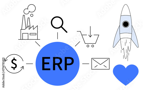 ERP circle linked to factory, search, shopping cart, rocket, heart, email, and finance icons. Ideal for business management, operations strategy communication growth technology simple flat