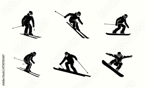 Silhouettes of Skiers and Snowboarder in Various Poses on White Background
