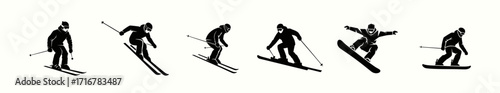 Skiers and Snowboarders in Winter Sports Action Silhouette