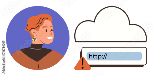 Profile of a person near a cloud icon and a broken hyperlink with an alert symbol. Ideal for concepts thumbs up cloud storage, internet safety, data management, warning, cybersecurity, technology