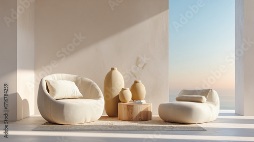 Eco interior with wooden furniture and stone elements