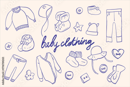 Collection of vector doodle style illustrations. Hand drawn objects perfect for patterns, package designs, social media and branding designs. Outline objects isolated on color background. 