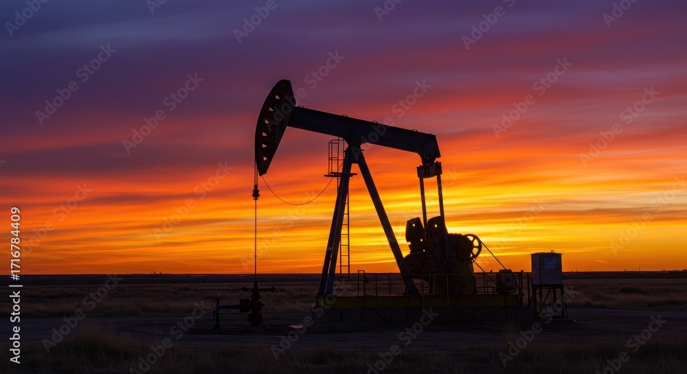 Fototapeta premium An Oil Pump Jack Silhouetted Against a Dramatic Sunset