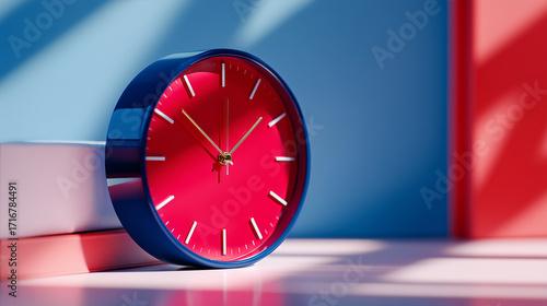 Central office desk with a dark navy blue clock, red arrow pointing at the present moment. Next to it: white folder with invoices and documents. Minimalistic modern office background
