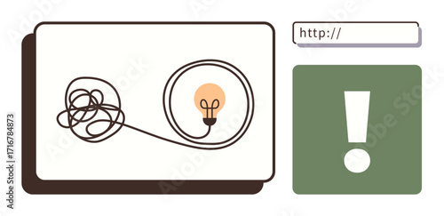 Tangled cord forms a glowing light bulb, alongside a web address bar and exclamation mark symbol. Ideal for creativity, problem-solving, innovation, internet, ideas, productivity and solutions. A