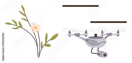 quadcopter with attached camera flying near a flowering plant, assessing growth and health. Ideal for technology, agriculture, environmental study, innovation, sustainability, precision farming, and