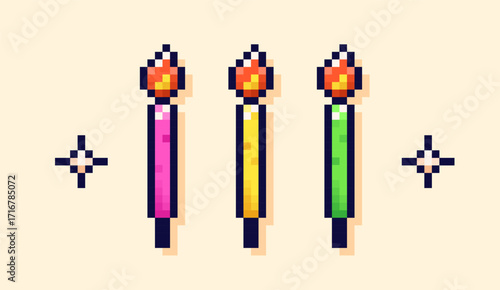 Pixel art color birthday cake candles. 