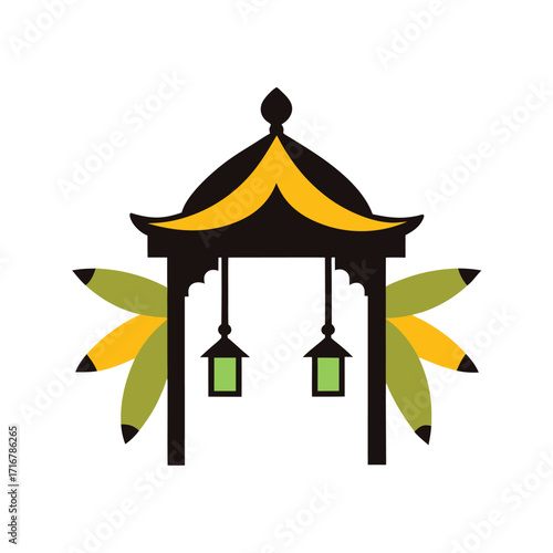wedding pavilion with banana tree saplings and hanging flowers