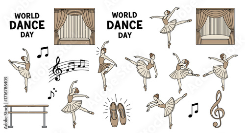 World dance day celebration featuring ballet dancers musical notes and stage elements