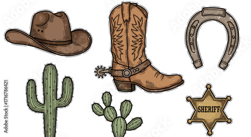 Vintage western cowboy elements including hat boot cactus horseshoe and sheriff badge