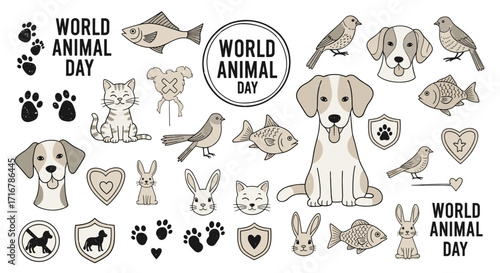 Diverse animal illustrations celebrate world animal day with cute dogs cats birds fish and rabbits