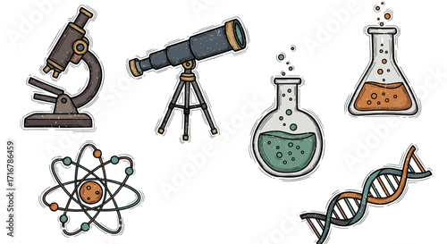 Illustrated collection of scientific instruments and concepts on a black background