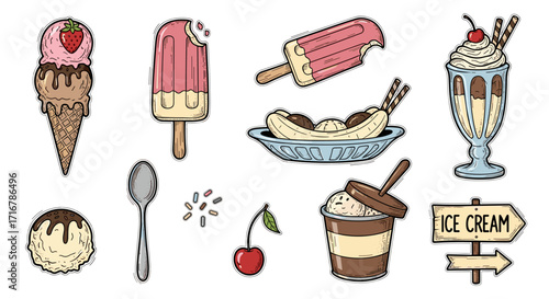 A delightful collection of hand drawn ice cream treats and desserts on a black background