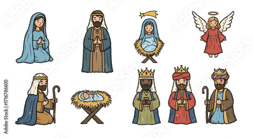 Charming nativity scene characters including mary joseph baby jesus three wise men and angel