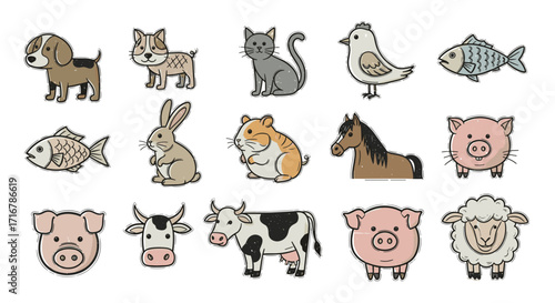 A collection of adorable hand drawn farm animals and pets in a whimsical cartoon style