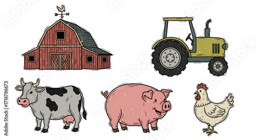 Charming farm scene illustration featuring a barn tractor cow pig and chicken