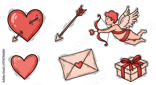 Charming valentine s day icons featuring cupid s arrow hearts envelope and gift box