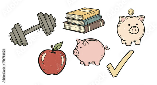 Healthy habits and financial goals represented by icons of fitness books and piggy banks