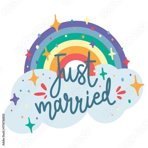 Just Married Vector Illustration. Flat Minimal Design. Editable Illustration for Web, Mobile, Print