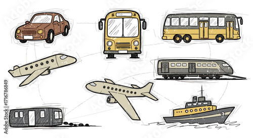 Diverse modes of transportation interconnected with lines illustrating a complex travel network on a black background