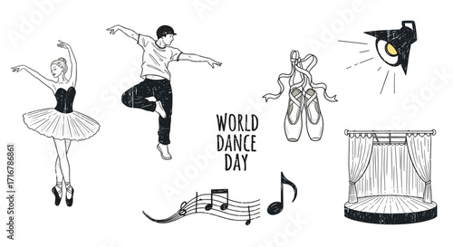 World dance day celebration featuring ballet hip hop pointe shoes stage and music notes