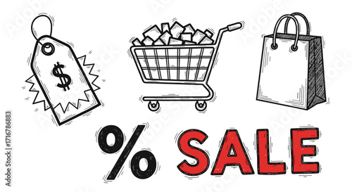Hand drawn shopping cart tag and bag with percentage sale text on black background