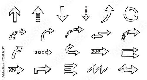 Collection of hand drawn arrow icons in various directions and styles on a black background