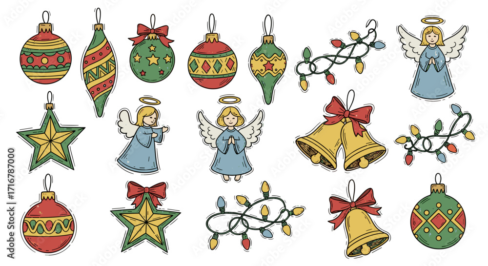 Fototapeta premium Charming hand drawn christmas ornaments featuring angels bells lights and stars