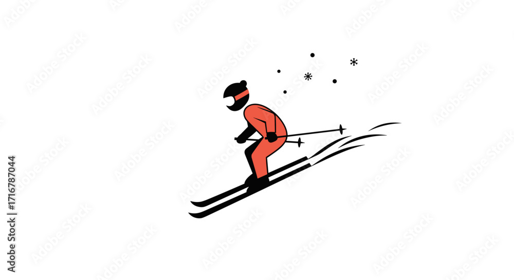 Obraz premium Stylized orange skier with black helmet and skis on a dark background with snow