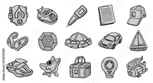 Collection of stylized hand drawn icons featuring sci fi gadgets and everyday objects
