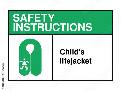 Child Lifejacket Safety Instruction Sign – Green Header with Icon and Message for Watercraft Emergency Preparedness High-Quality Vectorial Stock Image