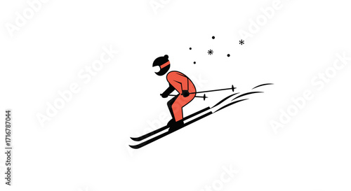 Stylized orange skier with black helmet and skis on a dark background with snow