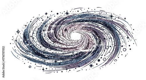 Abstract swirling galaxy with stars and cosmic dust on a black background