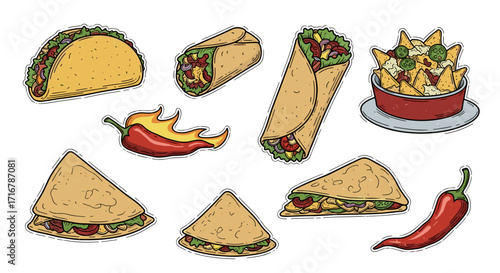 A colorful collection of delicious mexican food items including tacos burritos quesadillas and nachos