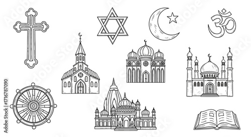 Diverse religious symbols and architectural representations of various faiths and beliefs