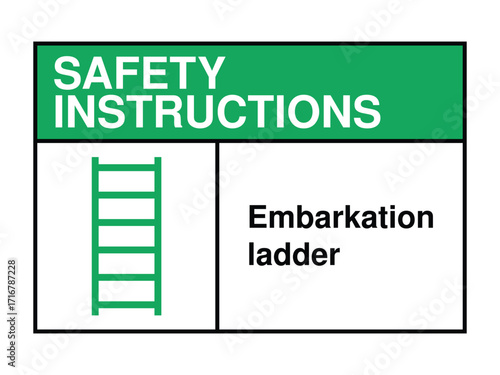 Embarkation Ladder Safety Sign – Vertical Boarding Icon with Green Header and Instructional Label for Marine Access High-Quality Vectorial Stock Image